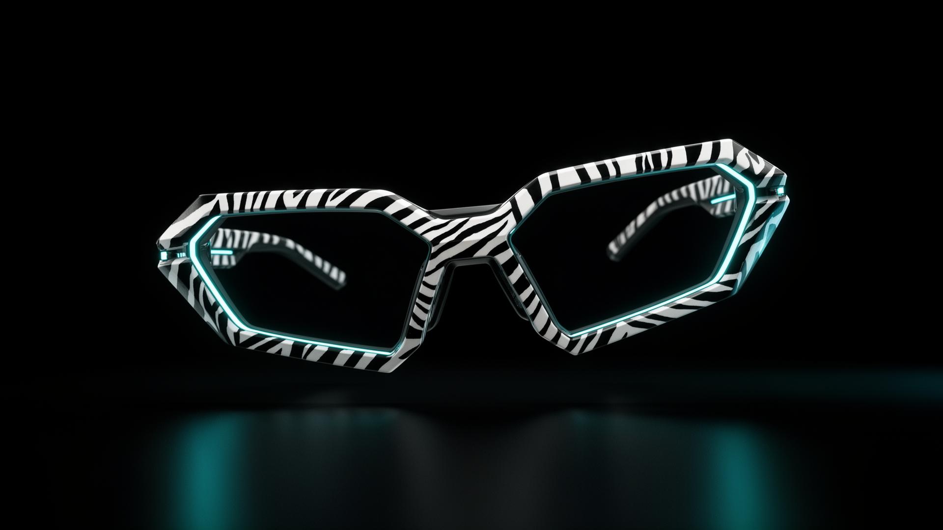 NeoMetaGlasses — zebra striped futuristic eyewear
